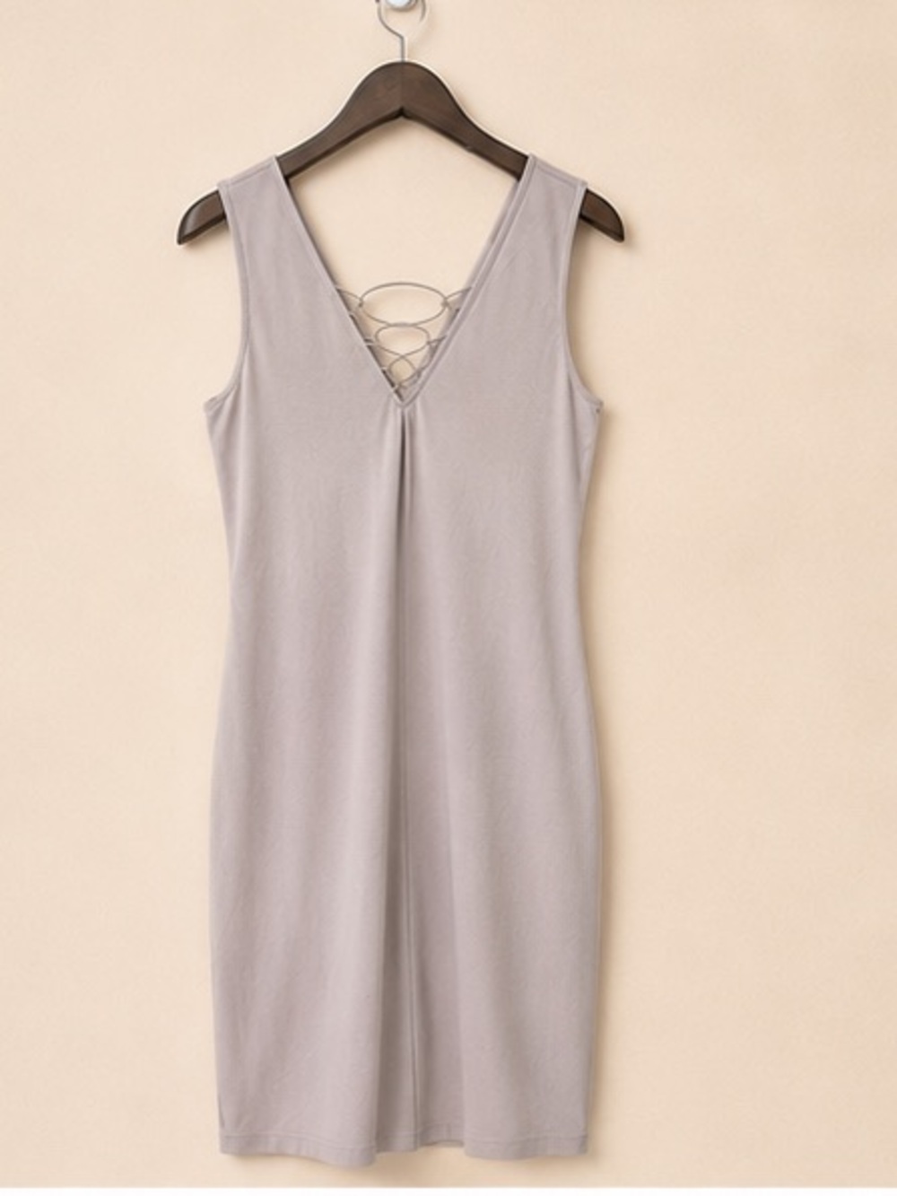 Dynamite Taupe Lace-Up V-Neck Bodycon Midi Dress